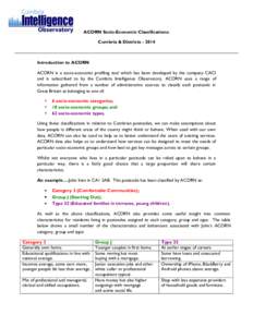 ACORN Socio-Economic Classifications: Cumbria & Districts[removed]Introduction to ACORN ACORN is a socio-economic profiling tool which has been developed by the company CACI and is subscribed to by the Cumbria Intelligenc