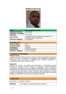 CURRICULUM VITAE  NAME CURRENT POSITION UNIVERSITY ACADEMIC POSITION