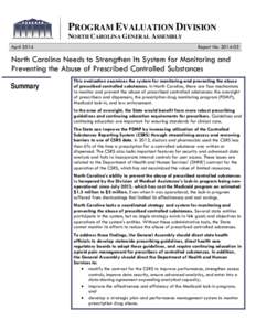 PROGRAM EVALUATION DIVISION NORTH CAROLINA GENERAL ASSEMBLY April 2014 Report No[removed]