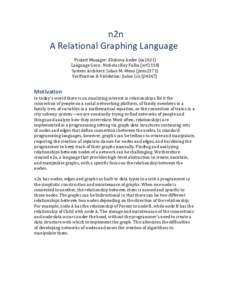 n2n A Relational Graphing Language Project Manager: Elisheva Aeder (ea2621) Language Guru: Nicholas Ray Falba (nrf2118) System Architect: Johan M. Mena (jmm2371) Verification & Validation: Jialun Liu (jl4347)