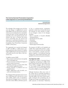 The Community Asset Preservation Corporation: A New Approach to Community Revitalization by Harold Simon National Housing Institute  The onslaught of the mortgage crisis is far from