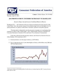 For Immediate Release Thursday, April 23, 2014 Contact: J. Robert Hunter, [removed]2013 PROFITS FOR P/C INSURERS SKYROCKET TO $64 BILLION