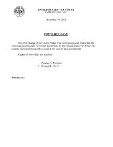 UNITED STATES TAX COURT WASHINGTON, D.CDecember 19, 2014  PRESS RELEASE