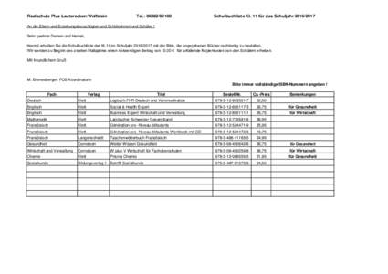 Realschule Plus Lauterecken/Wolfstein  Tel.: Schulbuchliste Kl. 11 für das Schuljahr