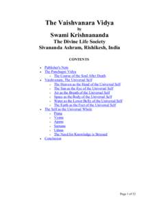 The Vaishvanara Vidya by Swami Krishnananda The Divine Life Society Sivananda Ashram, Rishikesh, India