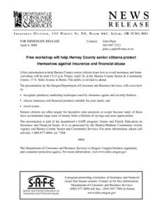 News Release: Free workshop will help Harney County area senior citizens protect themselves against insurance and financial abuse