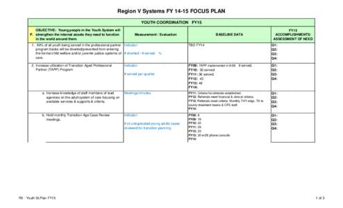 Region V Systems FY[removed]FOCUS PLAN YOUTH COORDINATION FY15 OBJECTIVE: Young people in the Youth System will P. strengthen the internal assets they need to function in the world around them.