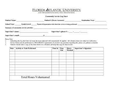 Community Service Log Sheet Student Name: ________________________________ Student # (Focus Account): ___________________ Graduation Year: _____________ School Year: _______ Grade Level: ______ Name of Organization with 