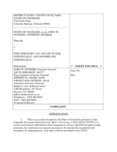 DISTRICT COURT, COUNTY OF EL PASO, STATE OF COLORADO 270 South Tejon Colorado Springs, Colorado[removed]______________________________________________ STATE OF COLORADO, ex rel. JOHN W.