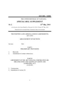 ISSN 0856 – 0100IX THE UNITED REPUBLIC OF TANZANIA SPECIAL BILL SUPPLEMENT 12th May, 2014