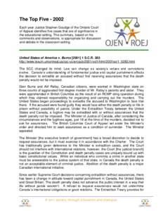 The Top Five[removed]Each year Justice Stephen Goudge of the Ontario Court of Appeal identifies five cases that are of significance in the educational setting. This summary, based on his comments and observations, is appr