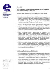 March 2009 ECCV SUBMISSION TO THE COMMUNITY SERVICES SECTOR PORTABLE LONG SERVICE LEAVE (PLSL) PROJECT Community Sector Investment Fund (CSIF) Department Of Human Services 1. Ethnic Communities’ Council of Victoria (EC