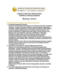 College of Business Administration Academic Learning Compacts Marketing - B.S.B.A. Discipline Specific Knowledge, Skills, Behavior and Values 1. Foundation Marketing Concepts Students will demonstrate knowledge of the fo