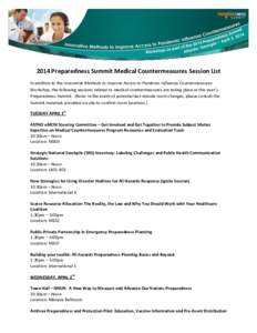 2014 Preparedness Summit Medical Countermeasures Session List In addition to the Innovative Methods to Improve Access to Pandemic Influenza Countermeasures Workshop, the following sessions related to medical countermeasu