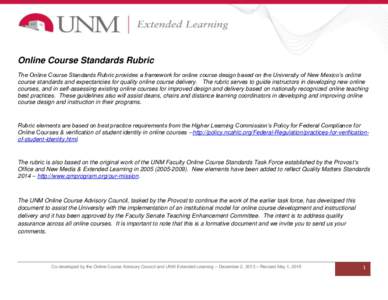 Online Course Standards Rubric The Online Course Standards Rubric provides a framework for online course design based on the University of New Mexico’s online course standards and expectancies for quality online course
