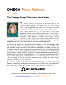 OMEGA Press Release June 16, 2010 The Omega Group Welcomes Ann Carter The