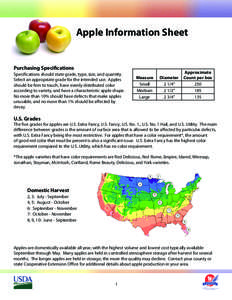 Apple Information Sheet  Purchasing Specifications Specifications should state grade, type, size, and quantity. Select an appropriate grade for the intended use. Apples should be firm to touch, have evenly distributed co