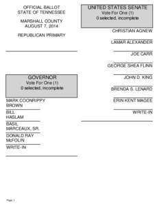OFFICIAL BALLOT STATE OF TENNESSEE MARSHALL COUNTY AUGUST 7, 2014  UNITED STATES SENATE