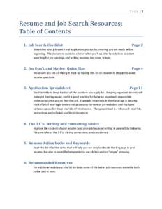 Page |1  Resume and Job Search Resources: Table of Contents 1. Job Search Checklist