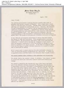 Letter from Dr. Martin Luther King, Jr., April 1968 Box 1, Folder 21 American Left Ephemera Collection, [removed], AIS[removed], Archives Service Center, University of Pittsburgh Letter from Dr. Martin Luther King, Jr., 