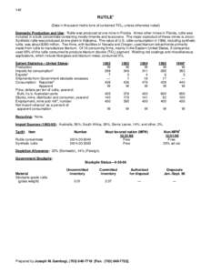 140  RUTILE1 (Data in thousand metric tons of contained TiO2, unless otherwise noted) Domestic Production and Use: Rutile was produced at one mine in Florida. At two other mines in Florida, rutile was included in a bulk 