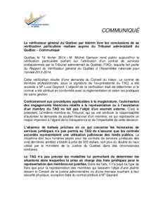 [removed]Rapport spécial du Vérificateur général du Québec à l’Assemblée nationale concernant l’attribution d’un contrat de services professionnels par le Tribunal administratif du Québec