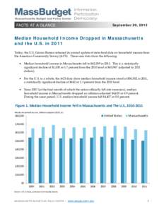 FACTS AT A GLANCE  September 20, 2012 Median Household Income Dropped in Massachusetts and the U.S. in 2011