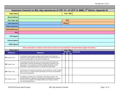 Inspection Checklist for BSL-3Ag Labs