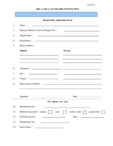 FM-DI-01  SRI LANKA STANDARDS INSTITUTION Individual Membership Scheme Membership Application Form