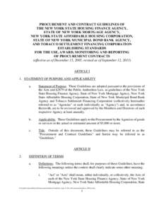 PROCUREMENT AND CONTRACT GUIDELINES OF THE NEW YORK STATE HOUSING FINANCE AGENCY, STATE OF NEW YORK MORTGAGE AGENCY, NEW YORK STATE AFFORDABLE HOUSING CORPORATION, STATE OF NEW YORK MUNICIPAL BOND BANK AGENCY, AND TOBACC