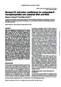 Published online January 13, 2004 Nucleic Acids Research, 2004, Vol. 32, No. 1 e13 DOI: nar/gnh015 Revised UV extinction coef®cients for nucleoside-5¢monophosphates and unpaired DNA and RNA Michael J. Cavaluzzi