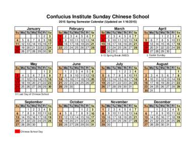 Confucius Institute Sunday Chinese School 2015 Spring Semester Calendar (Updated on[removed]January  February