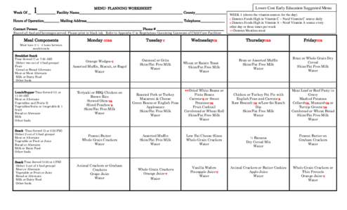 MENU- PLANNING WORKSHEET Week Of ________________ Facility Name____________________________________________________________ County__________________ 1  Hours of Operation_________ Mailing Address_________________________