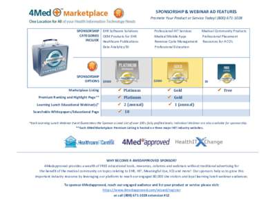 SPONSORSHIP & WEBINAR AD FEATURES Promote Your Product or Service Today! (ext #25 SPONSORSHIP EHR Software Solutions CATEGORIES OEM Products for EHR INCLUDE Healthcare Publications