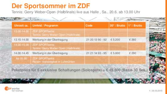 Der Sportsommer im ZDF Tennis: Gerry Weber-Open (Halbfinals) live aus Halle , Sa., 20.6. abUhr Uhrzeit ca.  Umfeld / Programm