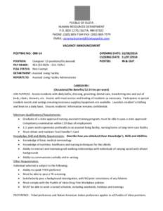 PUEBLO OF ISLETA HUMAN RESOURCES DEPARTMENT P.O. BOX 1270, ISLETA, NM[removed]PHONE: ([removed]FAX: ([removed]EMAIL: [removed] VACANCY ANNOUNCEMENT