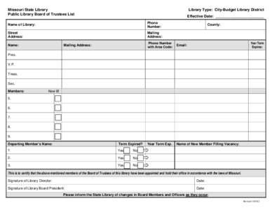 Missouri State Library Public Library Board of Trustees List Library Type: City-Budget Library District Effective Date: _______________________