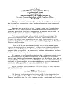 Remarks As Prepared for Delivery by Assistant Attorney General Lanny A. Breuer at The Compliance Week Conference on may 26th 2010