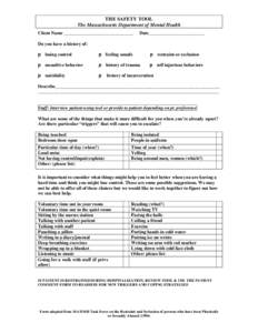 THE SAFETY TOOL The Massachusetts Department of Mental Health Client Name ______________________________ Date________________________