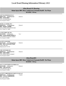 Local Board Hearing Information February 2013 Allen Board #1 Hearing Citizens Square 200 E. Berry, Garden Level, Community Rm[removed]Fort Wayne[removed]:30 am[removed]ILLINOIS ROAD LLC 209 Restaurant