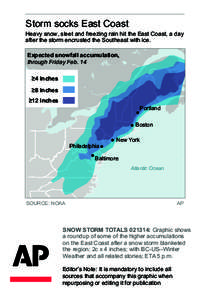 Storm socks East Coast  Heavy snow, sleet and freezing rain hit the East Coast, a day after the storm encrusted the Southeast with ice. Expected snowfall accumulation, through Friday Feb. 14