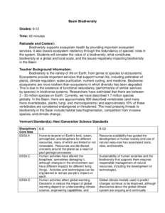 Basin Biodiversity Grades: 6-12 Time: 45 minutes Rationale and Context: Biodiversity supports ecosystem health by providing important ecosystem services. It also boosts ecosystem resiliency through the redundancy of spec