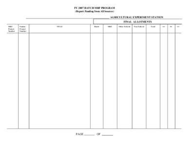 FY 2007 HATCH MRF PROGRAM (Report Funding from All Sources) AGRICULTURAL EXPERIMENT STATION FINAL ALLOTMENTS MRF Project