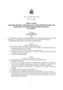 REGULATION concerning Marketing Authorisations for Natural Medicinal Products and Registration of Traditional Herbal Medicinal Products, No[removed].