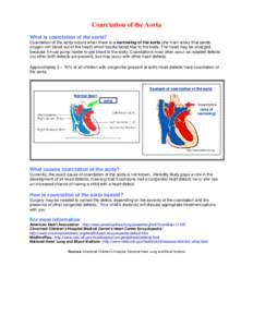 Coarctation of the Aorta What is coarctation of the aorta? Coarctation of the aorta occurs when there is a narrowing of the aorta (the main artery that sends oxygen-rich blood out of the heart) which blocks blood flow to