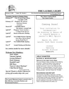 THE LAUREL LIGHT February 5, 2003 Volume VII, Number 1  News from the Laurel Historical Society and The Laurel Museum