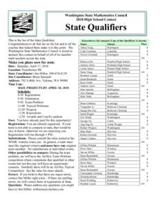 Washington State Mathematics Council 2010 High School Contest State Qualifiers    This is the list of the State Qualifiers.