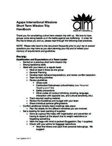 Agape International Missions Short Term Mission Trip Handbook AGAPE INT’L MISSIONS .org