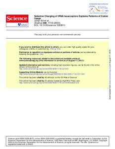 Selective Charging of tRNA Isoacceptors Explains Patterns of Codon Usage Johan Elf et al. Science 300, ); DOI: science