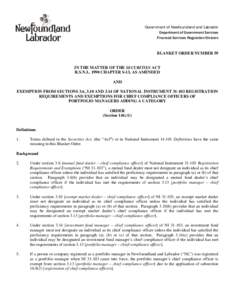 Government of Newfoundland and Labrador Department of Government Services Financial Services Regulation Division BLANKET ORDER NUMBER 59